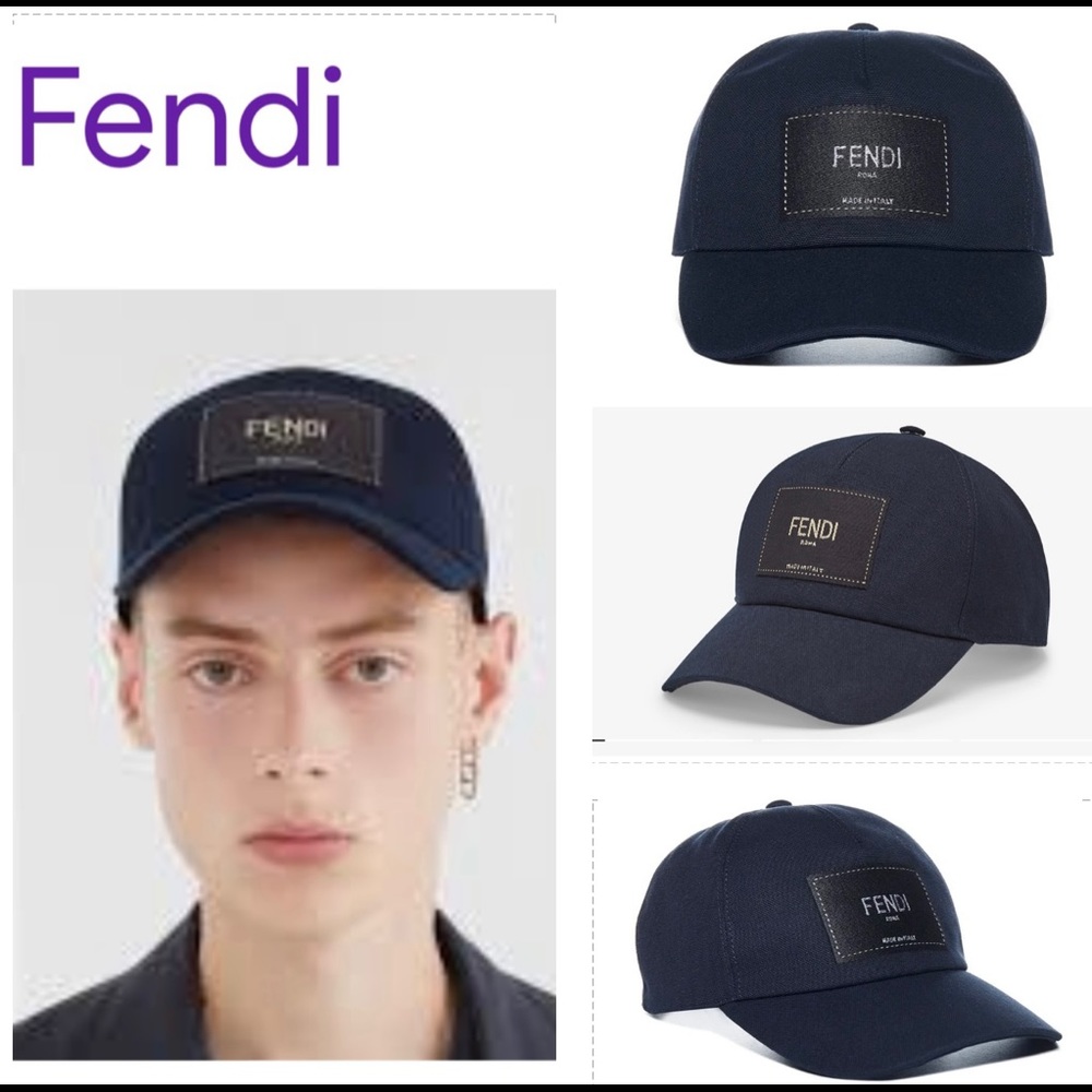 FENDI UNISEX CAP IN NAVY BLUE COTTON CANVAS WITH FENDI ROMA PATCH ON THE FRONT